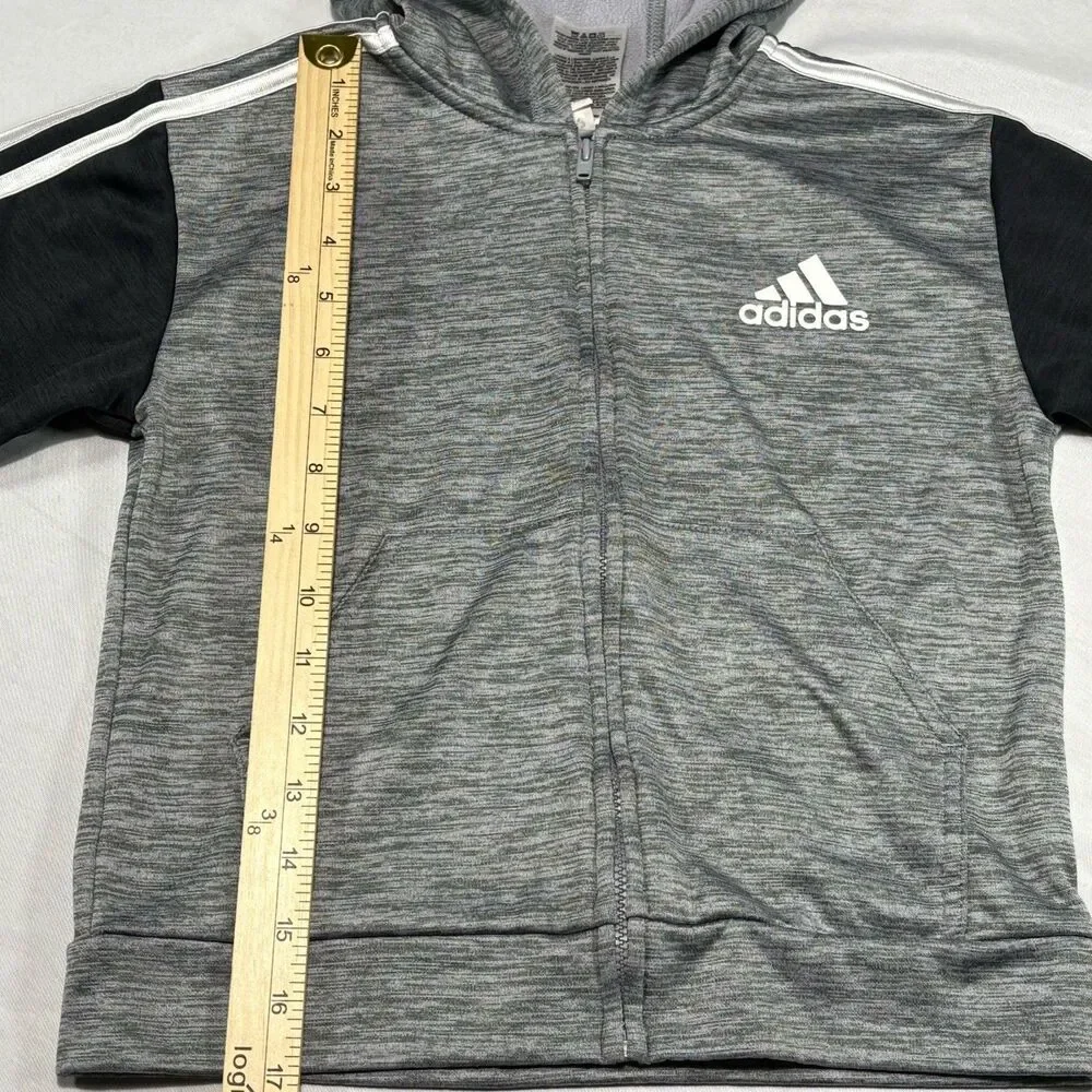 Adidas Boys Size 6 Hooded Full Zip Jacket Charcoal Heather Gray Black Hoodie
